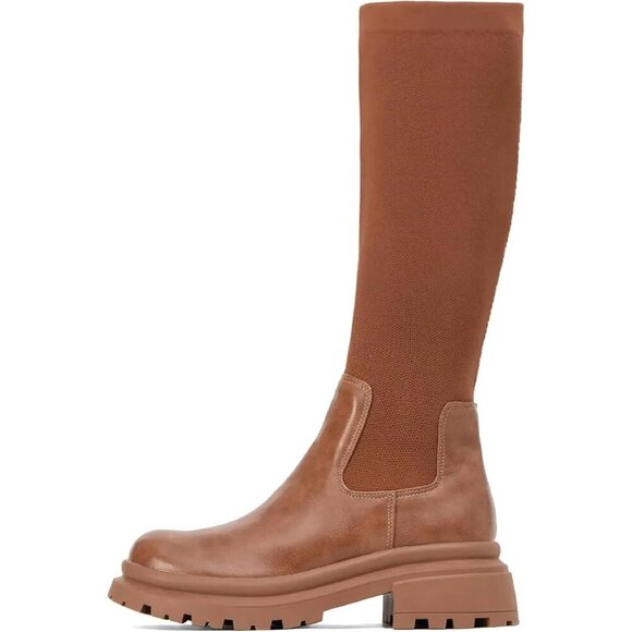 🆕  MOUSSE FIT Women's Brown Knee High Lug Sole Boots, Chunky Heel, Rubber - Picture 1 of 6